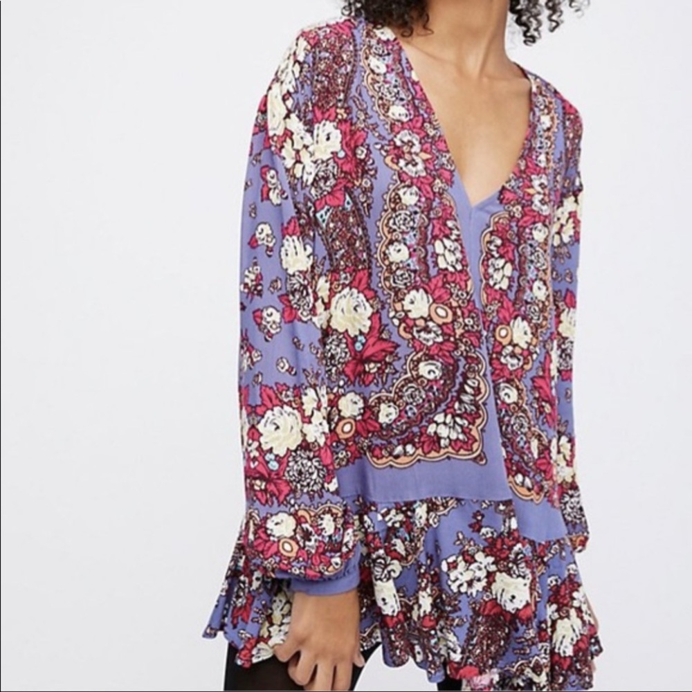 Free People Floral Printed Long Sleeve Flowy Tunic Dress Medium